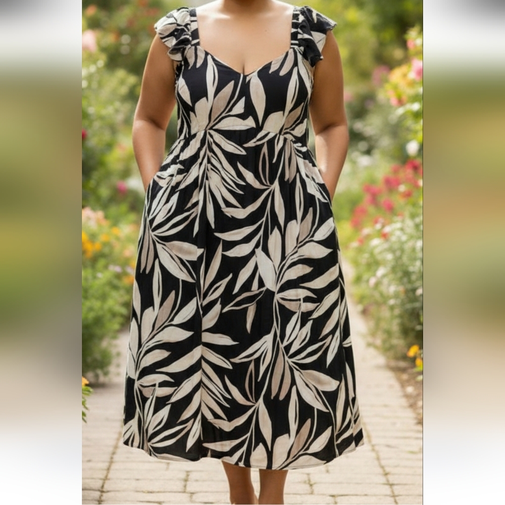 Elegant Black and White Leaf Print Dress With Pockets